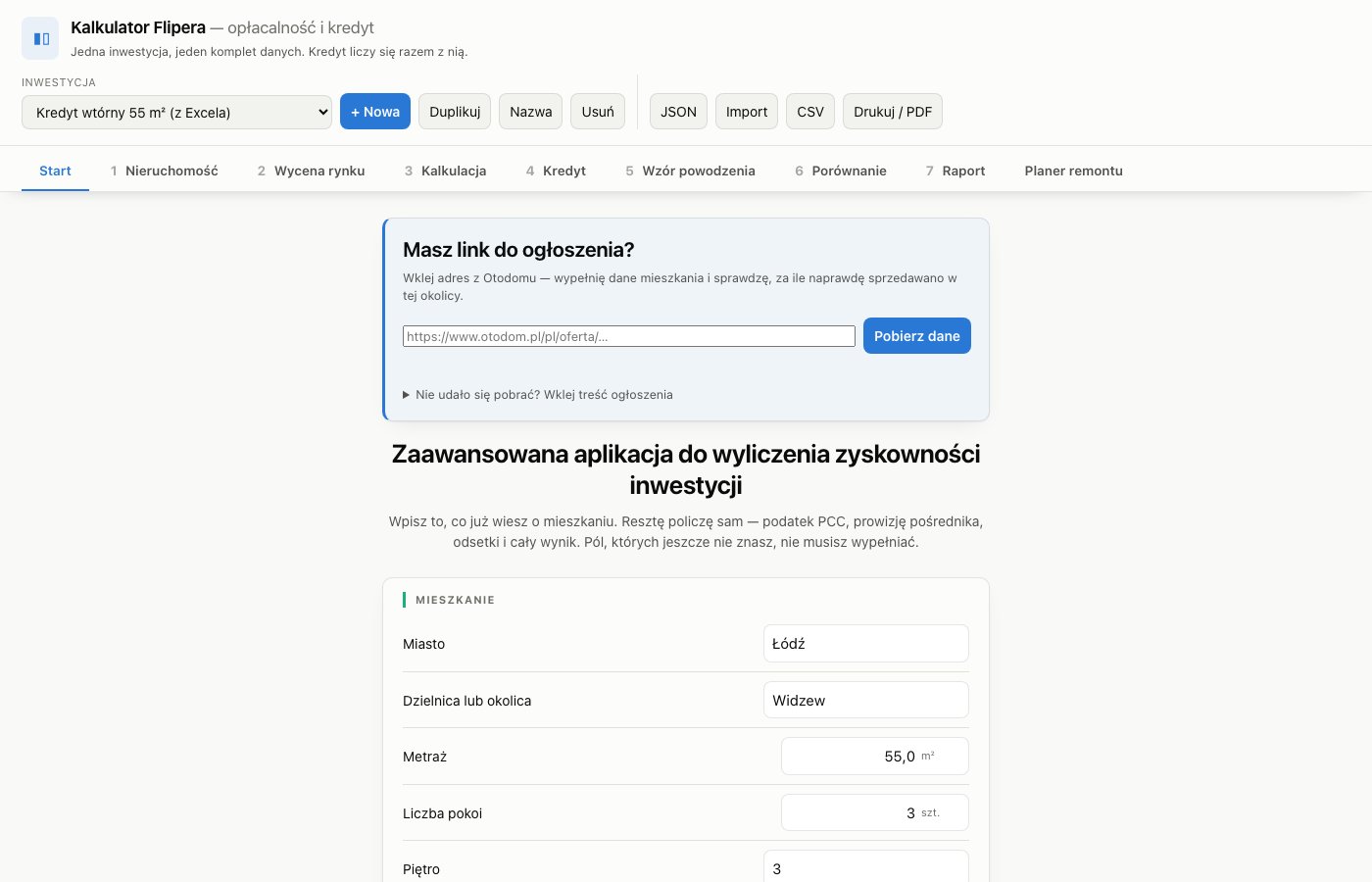Zrzut ekranu aplikacji Kalkulator Flipera